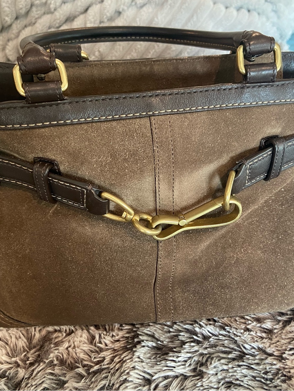 Coach Brown Suede Tote with Dark Brown Leather Trim and Gold Hardware